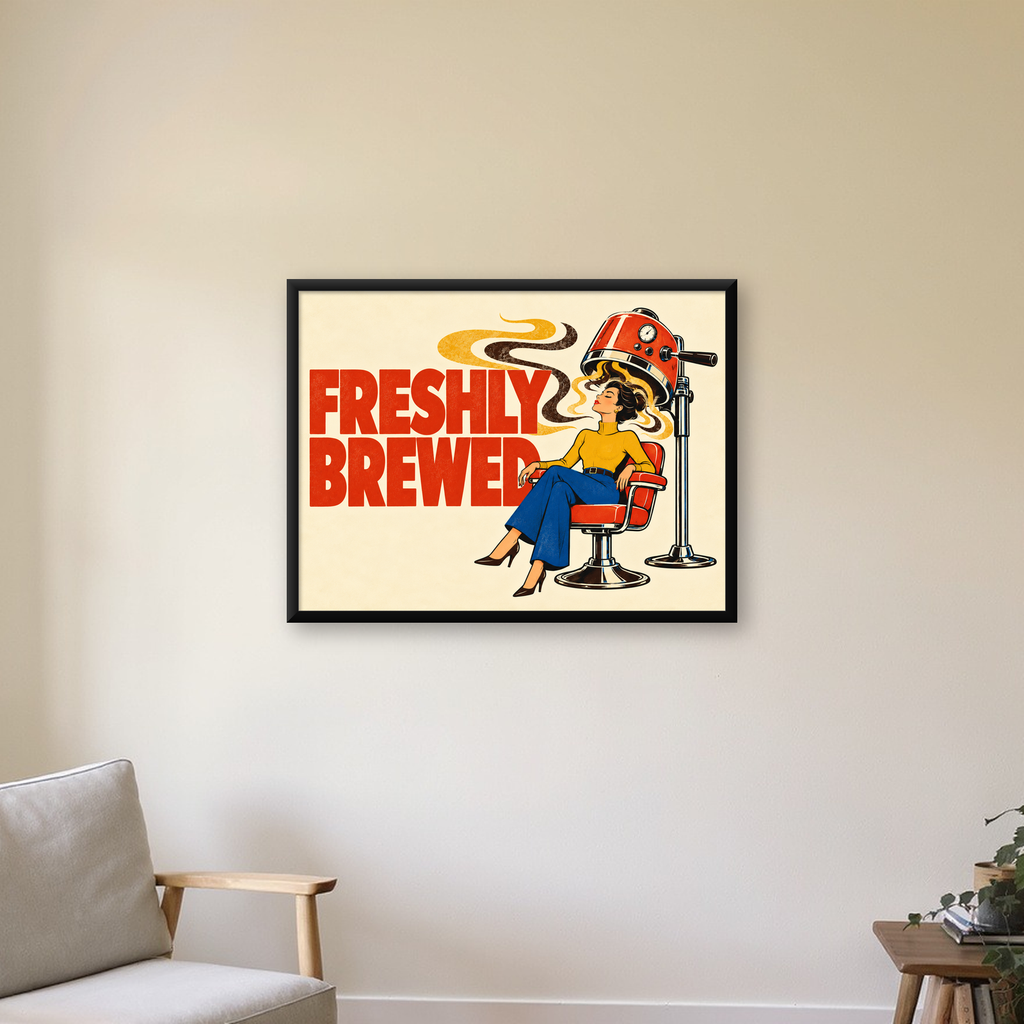Retro Berber Koltuğu ve Kahve Temalı Poster – Freshly Brewed — Yatay baskı, çerçeveli hâliyle bir ev duvarında