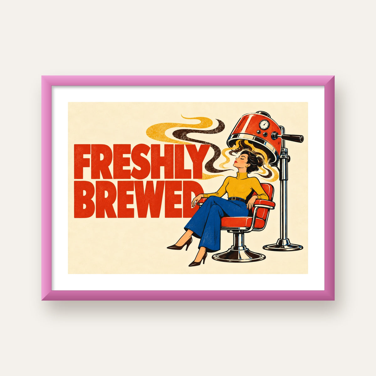 Freshly Brewed Retro Kahve Tipografi Poster — pembe çerçeveli paspartulu