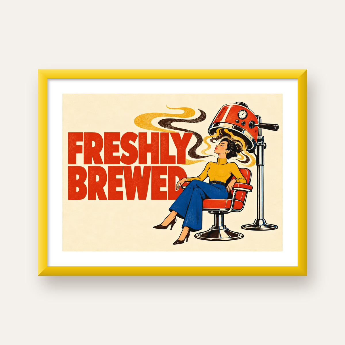 Freshly Brewed Retro Kahve Tipografi Poster — sarı çerçeveli paspartulu