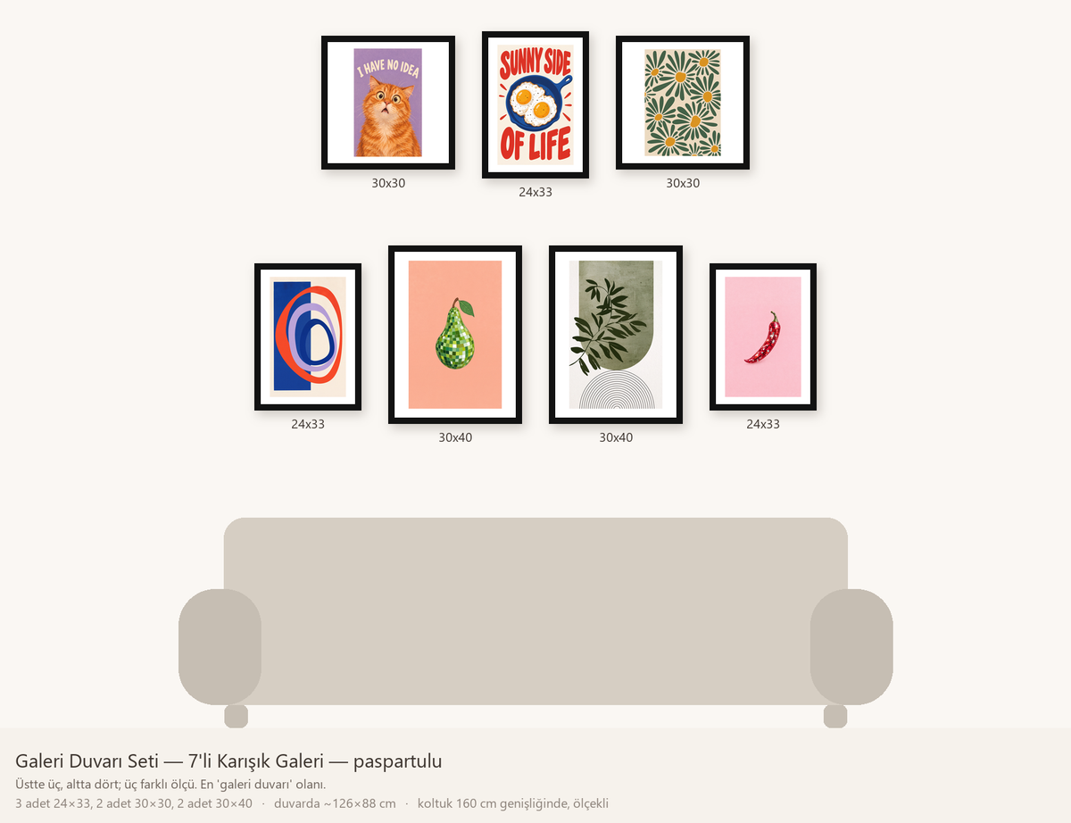 Galeri Duvarı Seti — 7'li Karışık Galeri — beyaz paspartulu hâli