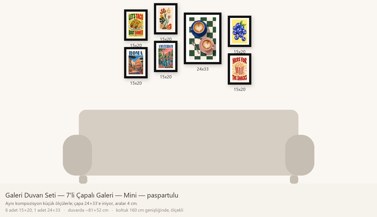 Galeri Duvarı Seti — 7'li Çapalı Galeri — Mini — beyaz paspartulu hâli