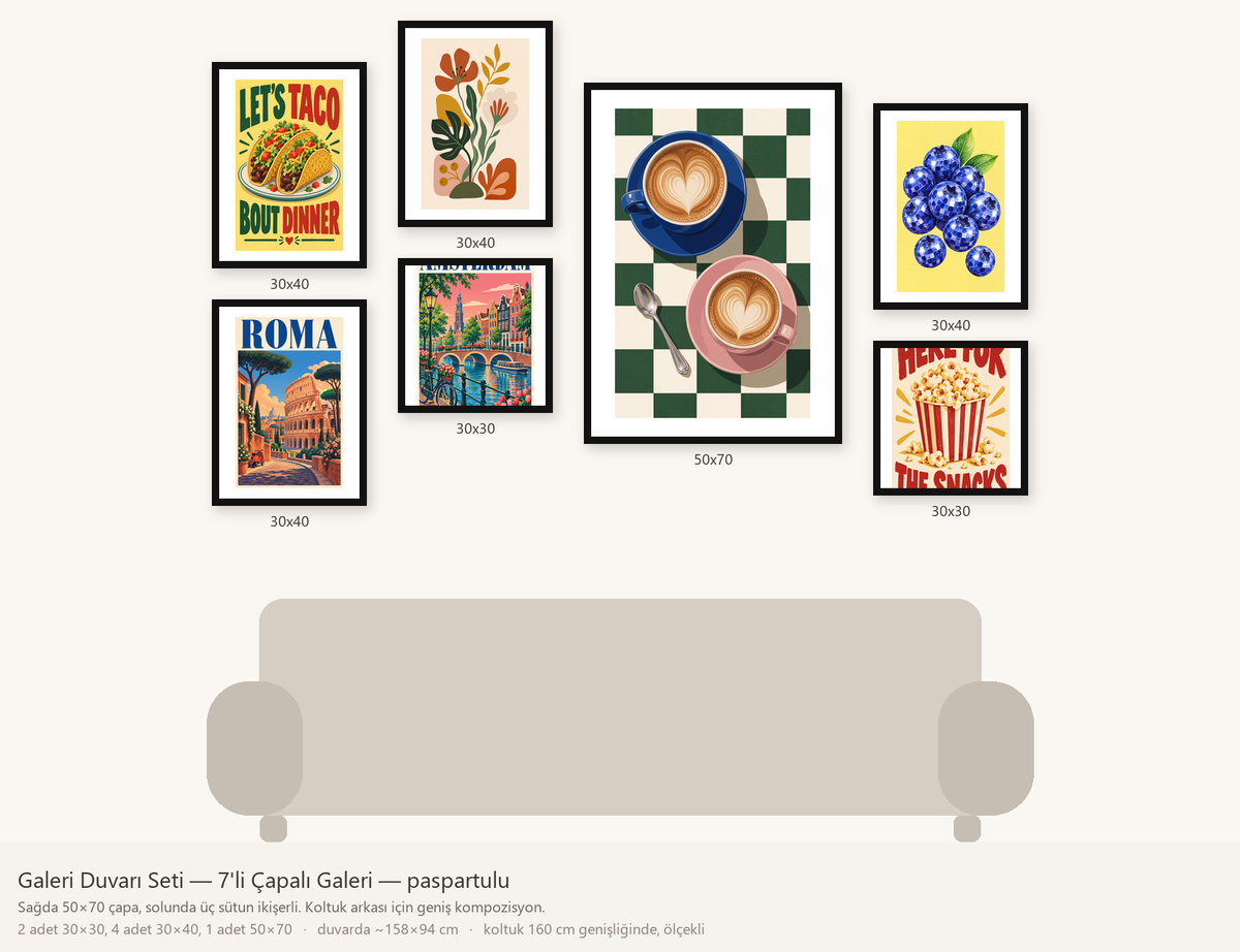 Galeri Duvarı Seti — 7'li Çapalı Galeri — beyaz paspartulu hâli