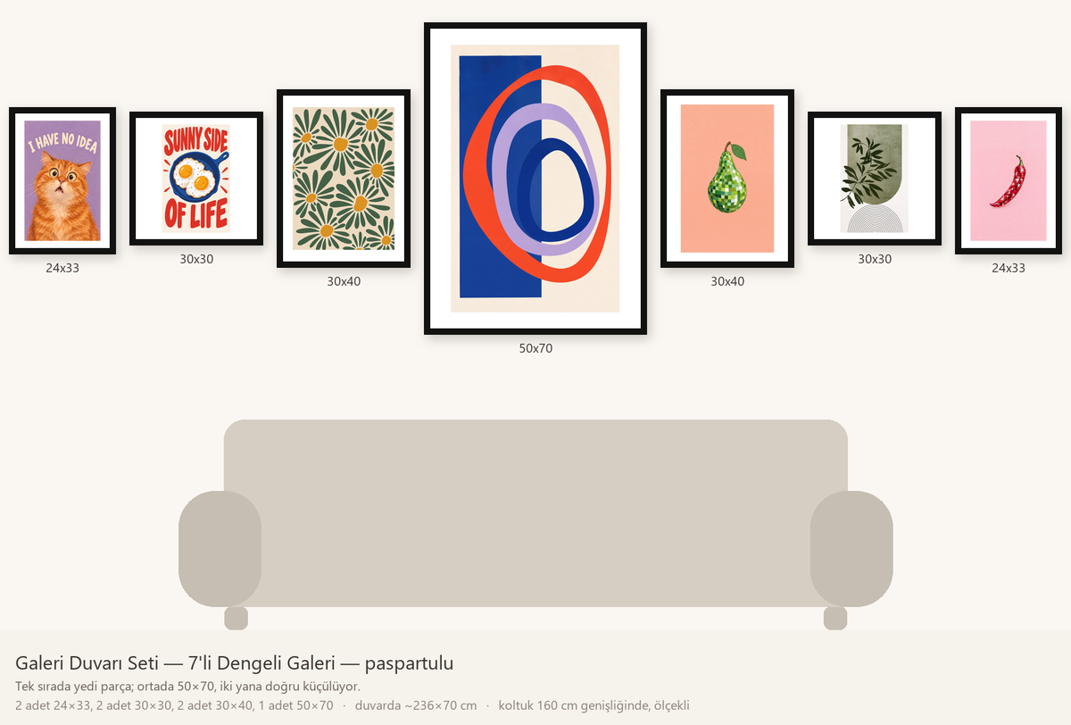 Galeri Duvarı Seti — 7'li Dengeli Galeri — beyaz paspartulu hâli