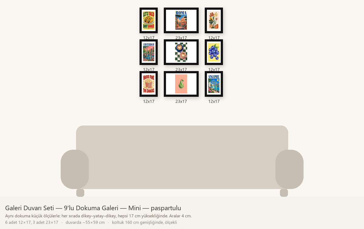 Galeri Duvarı Seti — 9'lu Dokuma Galeri — Mini — beyaz paspartulu hâli