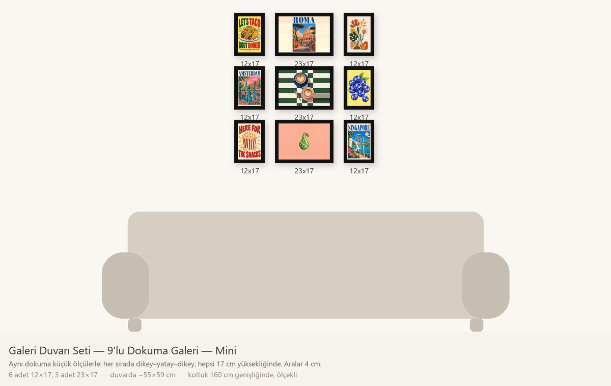 Galeri Duvarı Seti — 9'lu Dokuma Galeri — Mini — ölçekli duvar yerleşimi