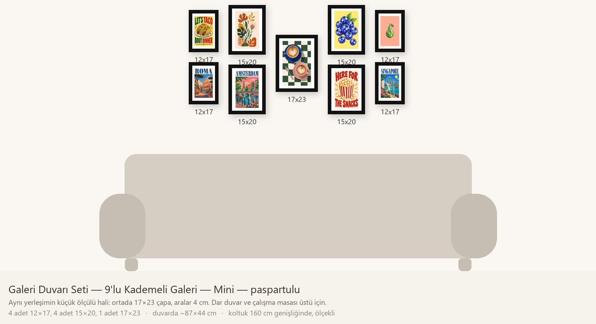 Galeri Duvarı Seti — 9'lu Kademeli Galeri — Mini — beyaz paspartulu hâli