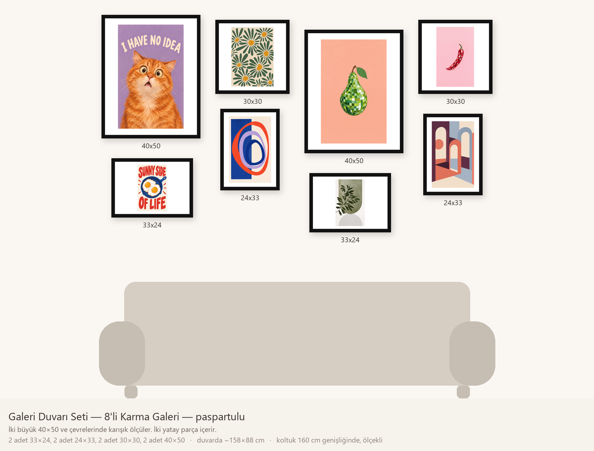 Galeri Duvarı Seti — 8'li Karma Galeri — beyaz paspartulu hâli