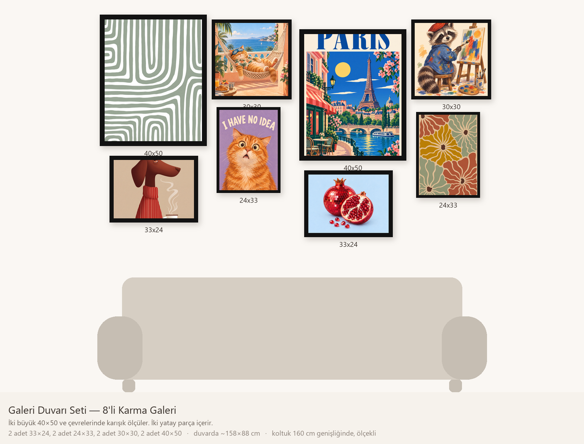 Galeri Duvarı Seti — 8'li Karma Galeri — ölçekli duvar yerleşimi