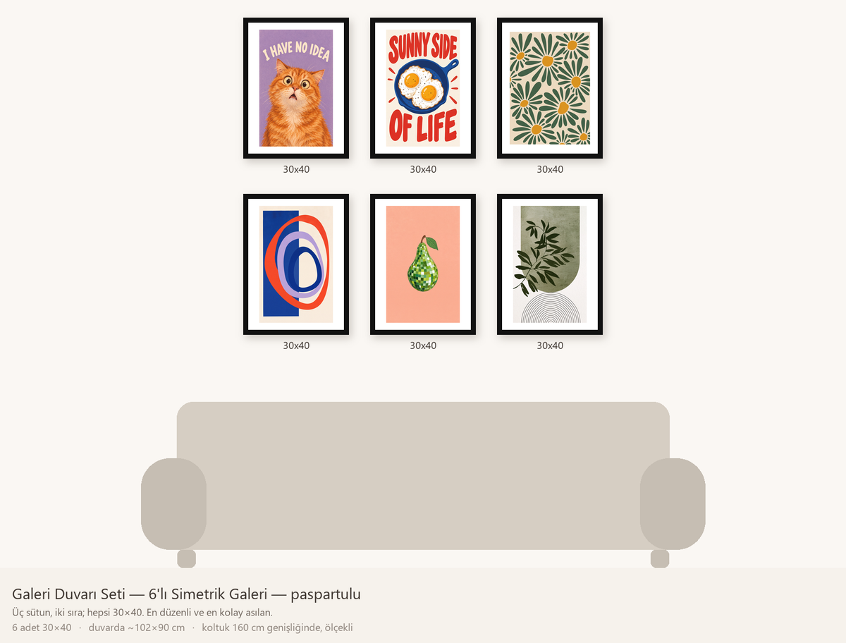 Galeri Duvarı Seti — 6'lı Simetrik Galeri — beyaz paspartulu hâli