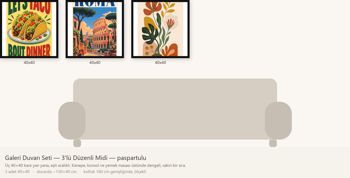 Galeri Duvarı Seti — 3'lü Düzenli Midi — beyaz paspartulu hâli