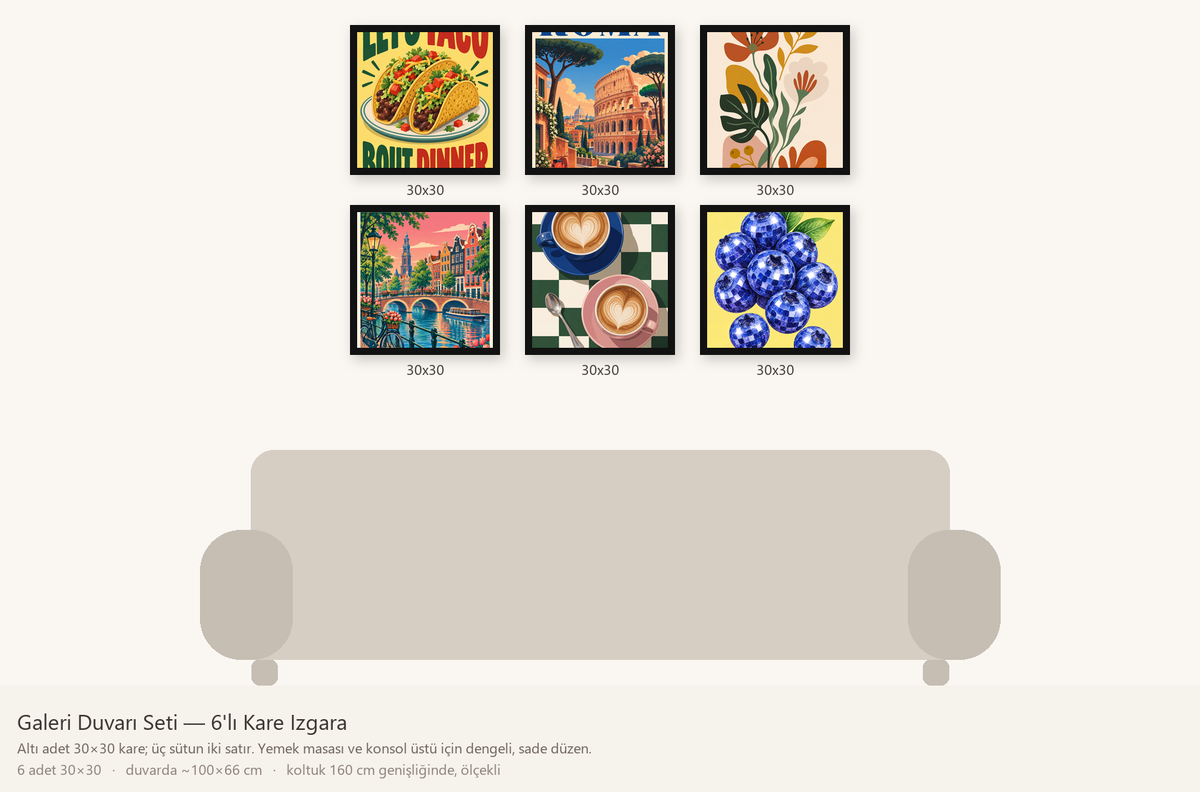 Galeri Duvarı Seti — 6'lı Kare Izgara — ölçekli duvar yerleşimi