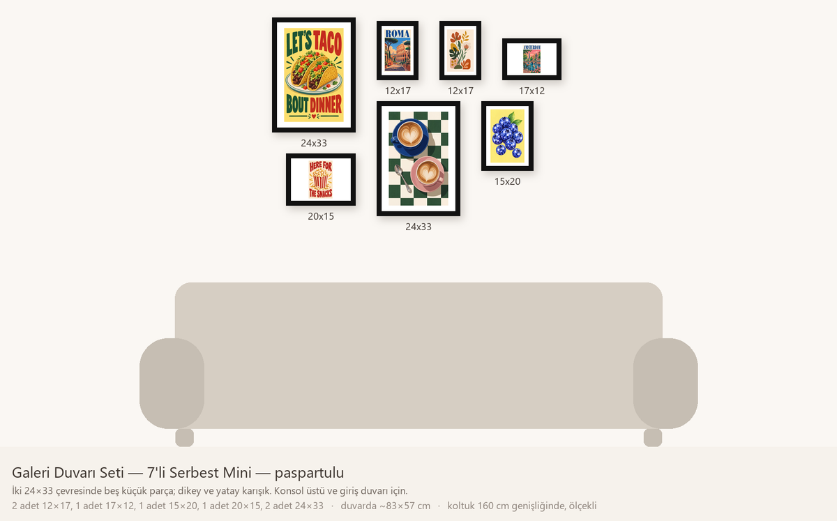 Galeri Duvarı Seti — 7'li Serbest Mini — beyaz paspartulu hâli