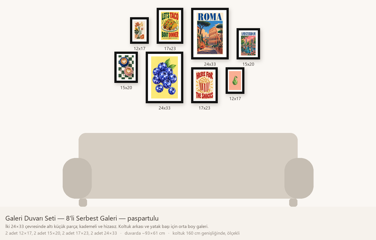 Galeri Duvarı Seti — 8'li Serbest Galeri — beyaz paspartulu hâli