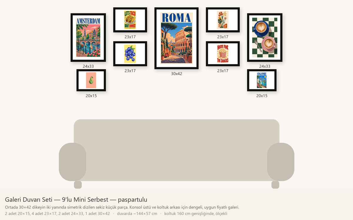 Galeri Duvarı Seti — 9'lu Mini Serbest — beyaz paspartulu hâli