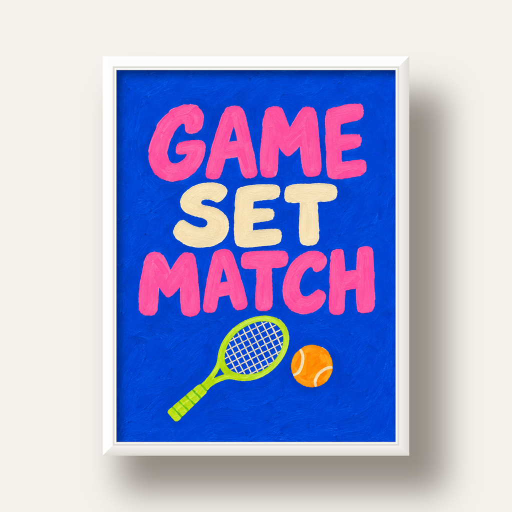 GAME SET MATCH Tipografi Tenis Temalı Canlı Poster — beyaz derin çerçeveli