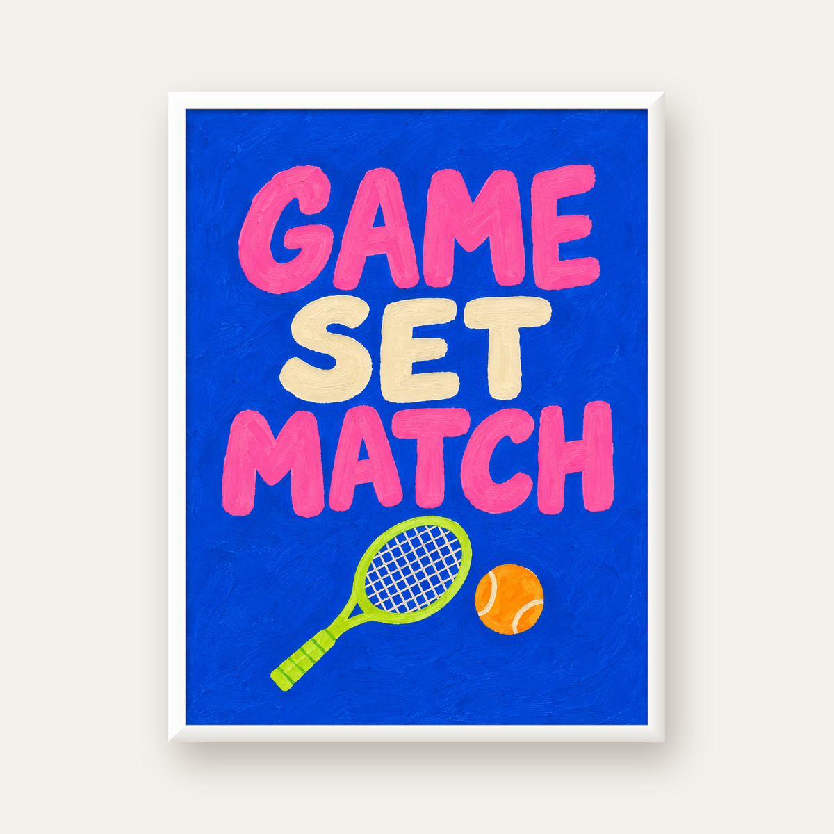 GAME SET MATCH Tipografi Tenis Temalı Canlı Poster — beyaz çerçeveli dikey poster