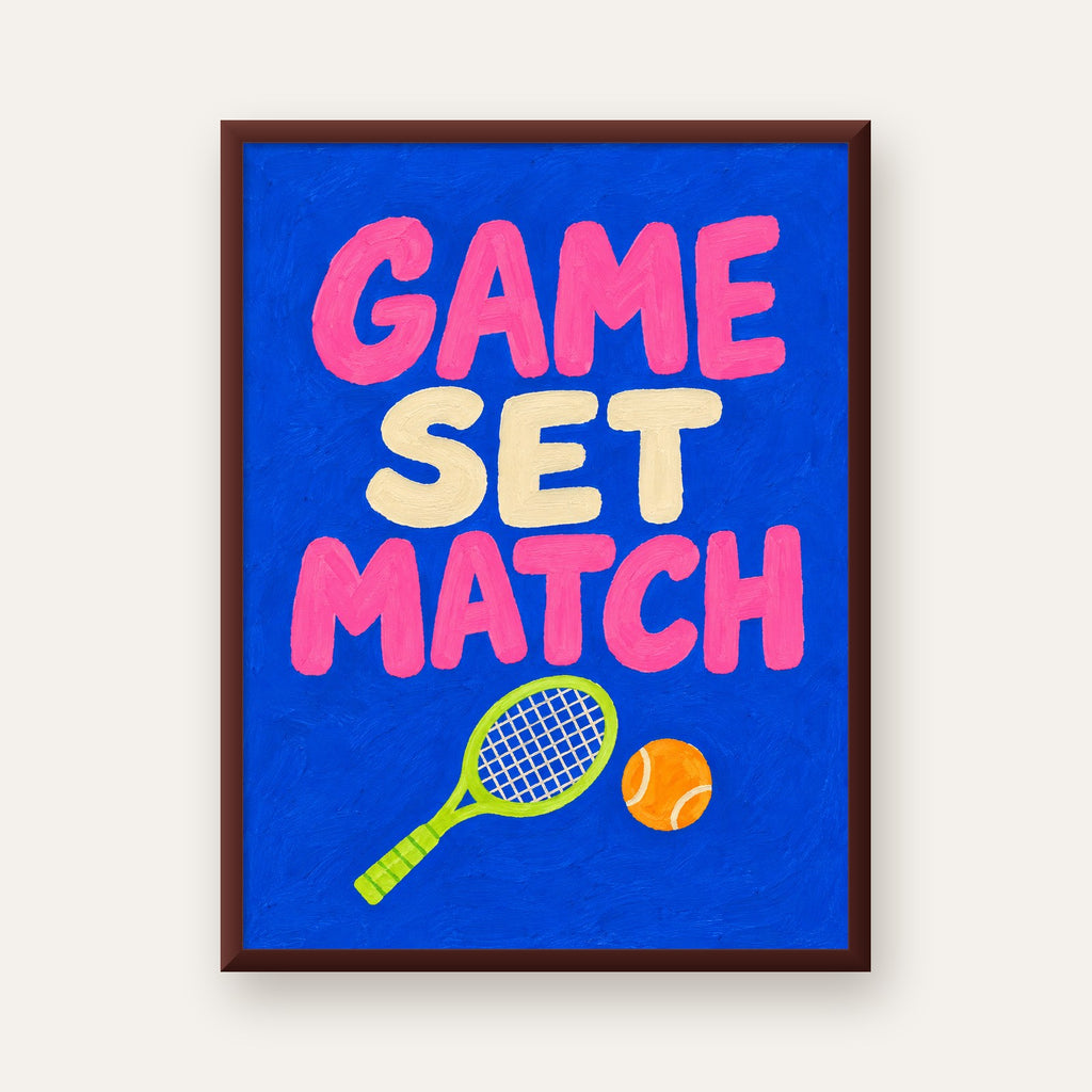 GAME SET MATCH Tipografi Tenis Temalı Canlı Poster — ceviz çerçeveli