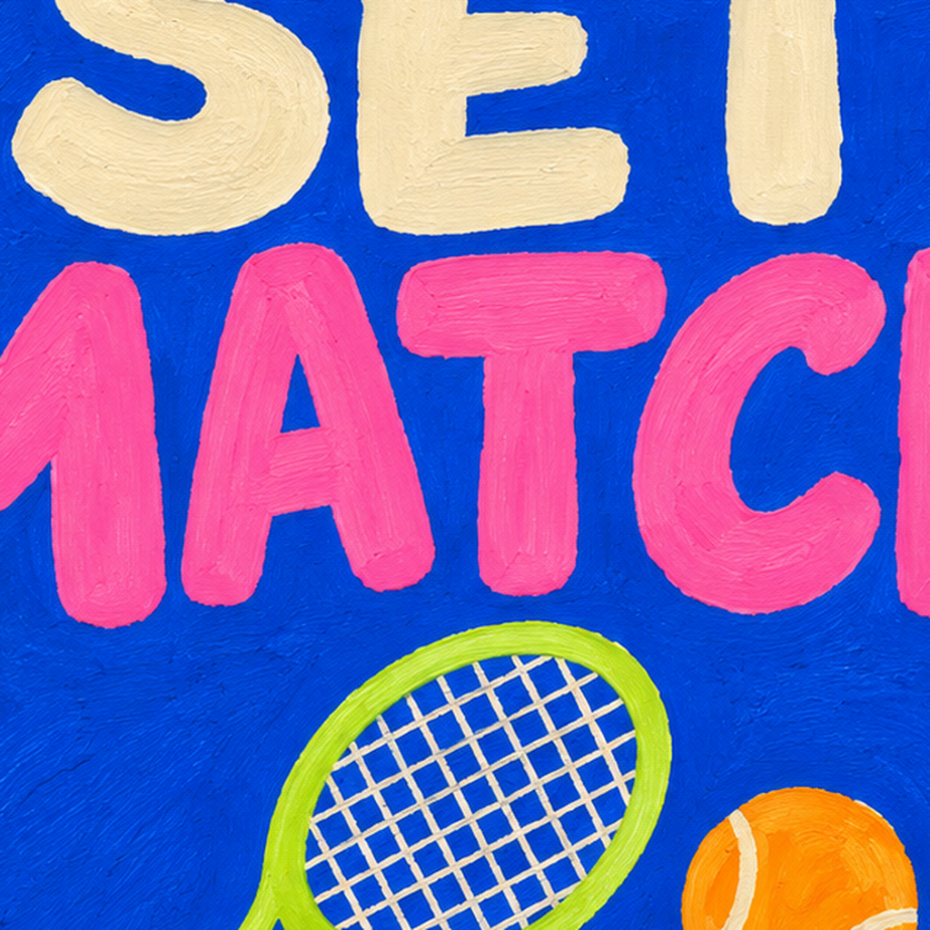 GAME SET MATCH Tipografi Tenis Temalı Canlı Poster — baskının yakın çekimi, kâğıt dokusu ve renk detayı