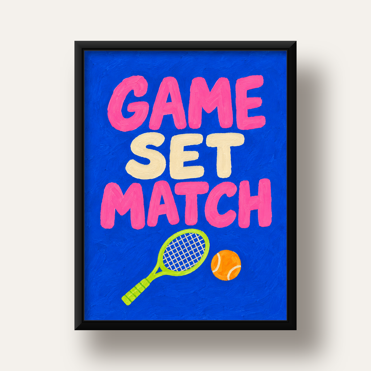 GAME SET MATCH Tipografi Tenis Temalı Canlı Poster — siyah derin çerçeveli