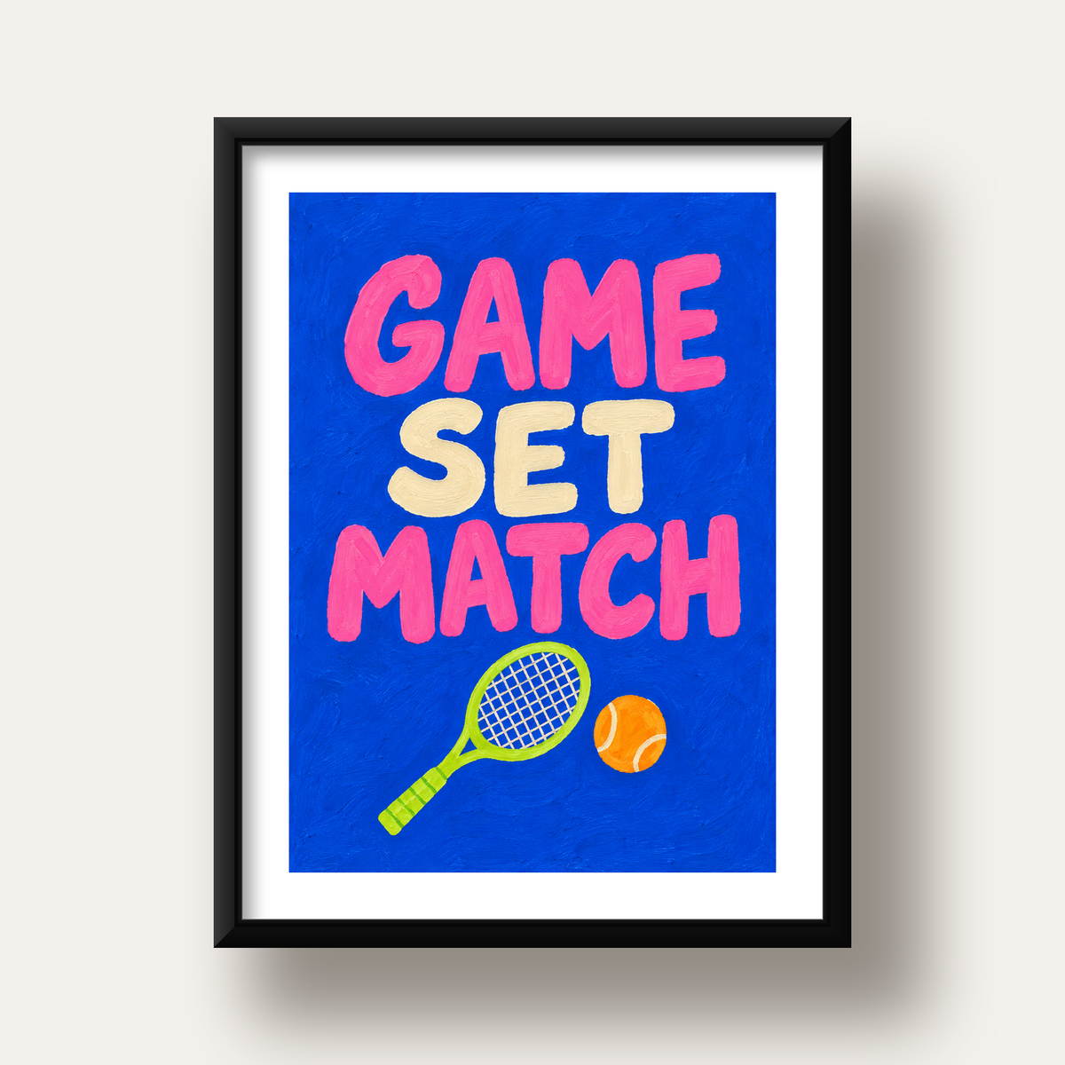 GAME SET MATCH Tipografi Tenis Temalı Canlı Poster — siyah derin çerçeveli paspartulu