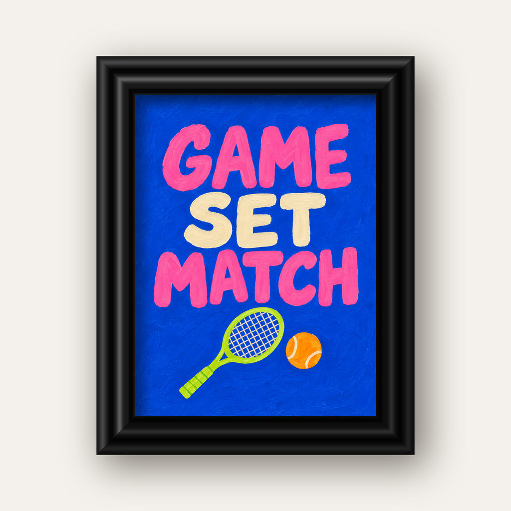 GAME SET MATCH Tipografi Tenis Temalı Canlı Poster — siyah galeri çerçeveli