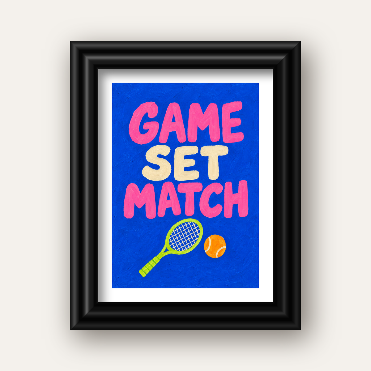 GAME SET MATCH Tipografi Tenis Temalı Canlı Poster — siyah galeri çerçeveli paspartulu