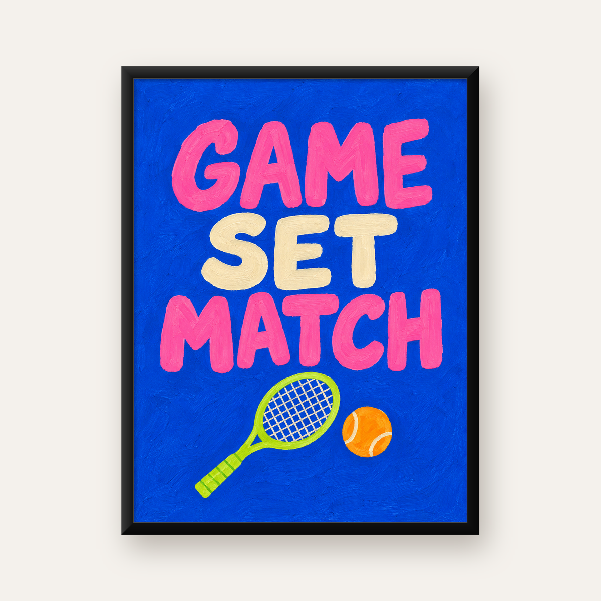 GAME SET MATCH Tipografi Tenis Temalı Canlı Poster — Dikey baskı, düz siyah çerçeveli duvar posteri