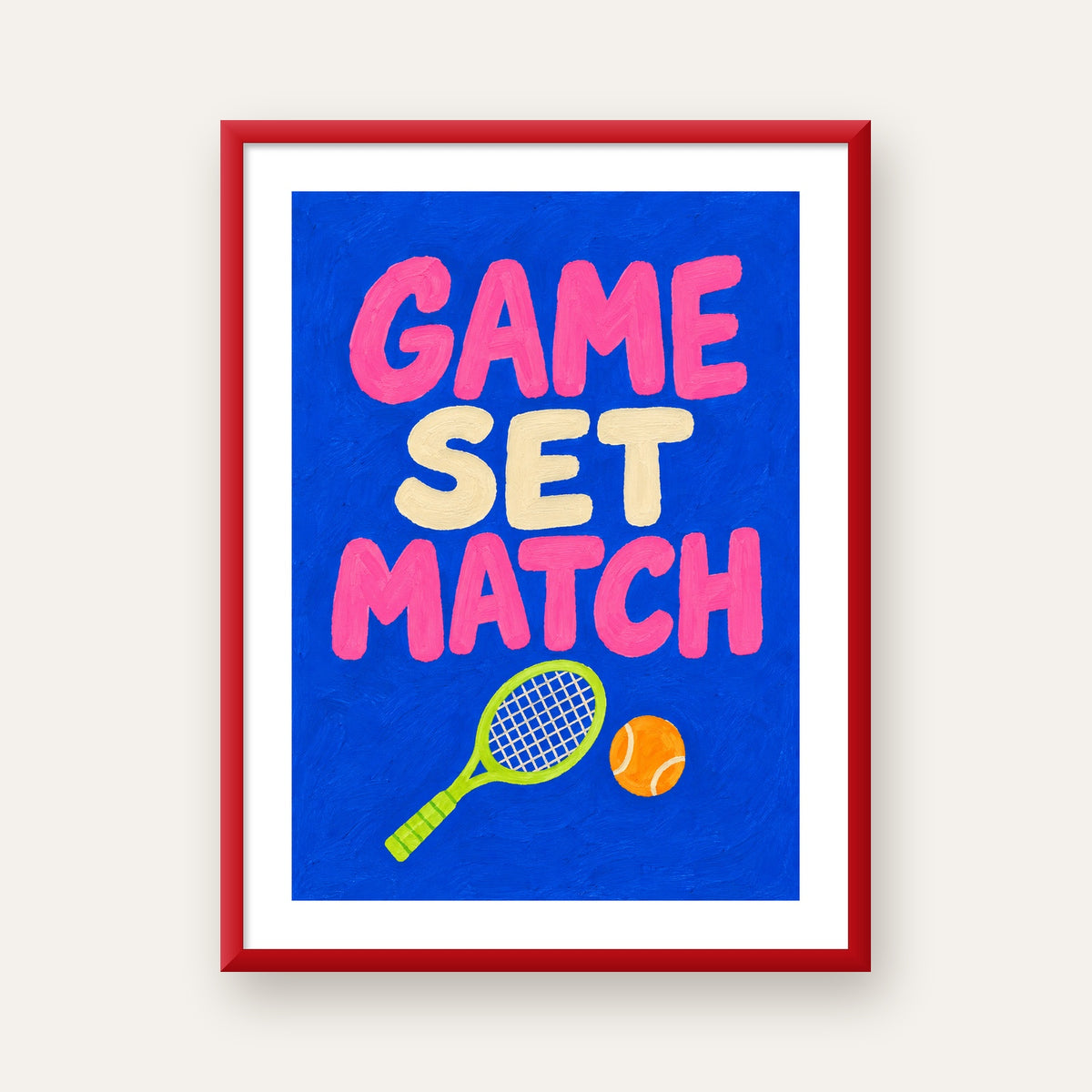 GAME SET MATCH Tipografi Tenis Temalı Canlı Poster — kırmızı çerçeveli paspartulu