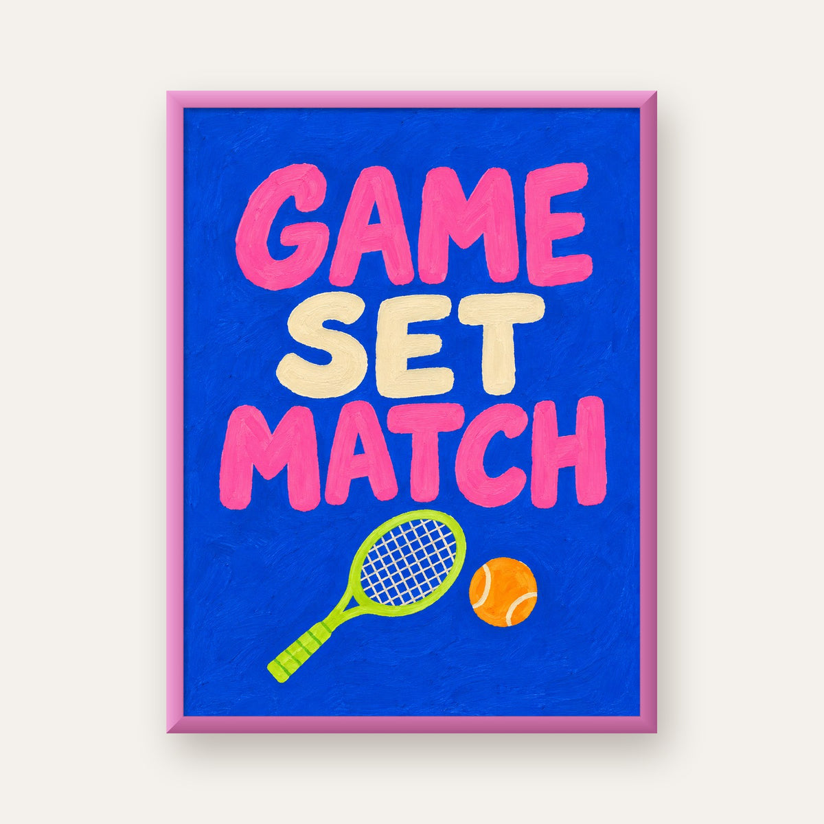 GAME SET MATCH Tipografi Tenis Temalı Canlı Poster — pembe çerçeveli