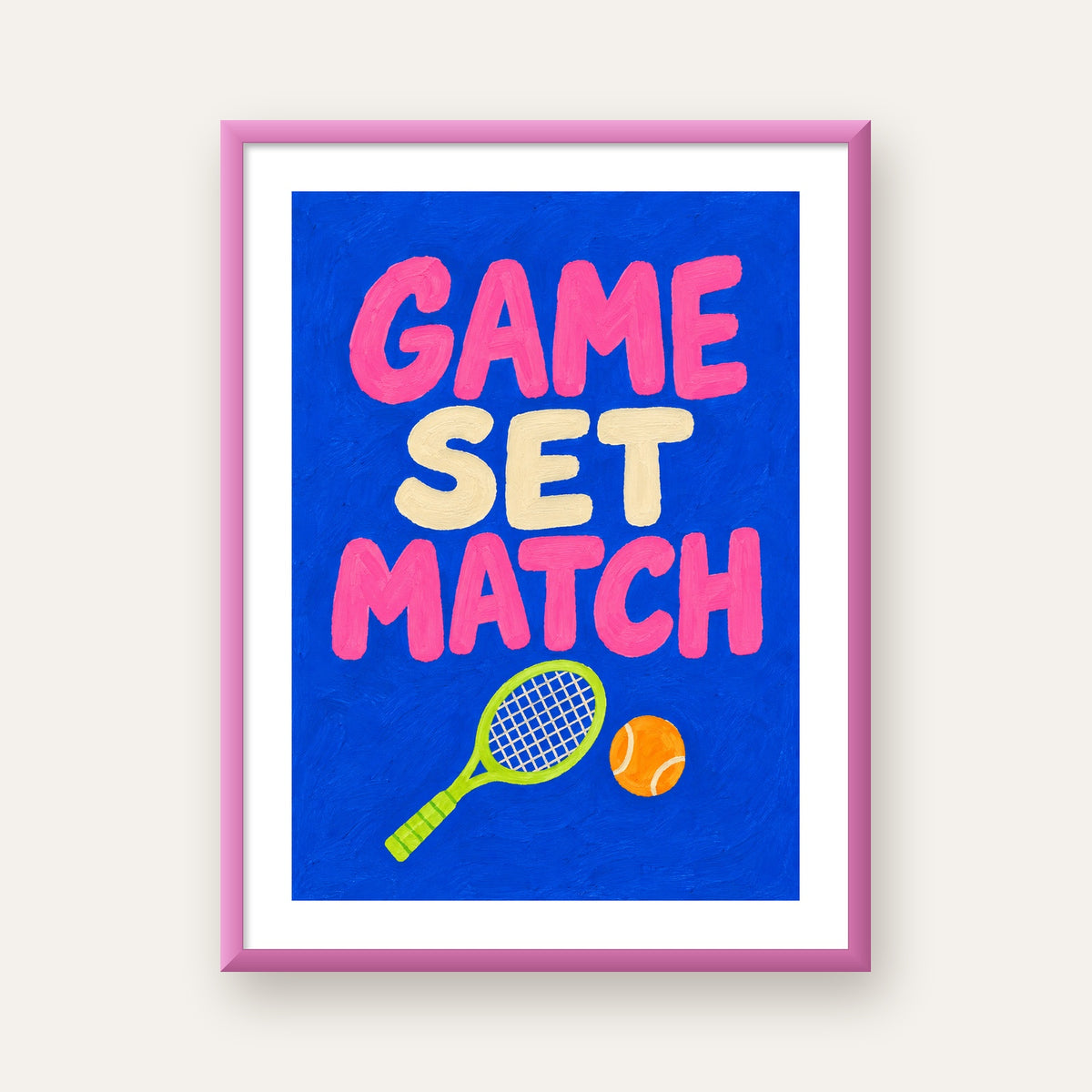 GAME SET MATCH Tipografi Tenis Temalı Canlı Poster — pembe çerçeveli paspartulu