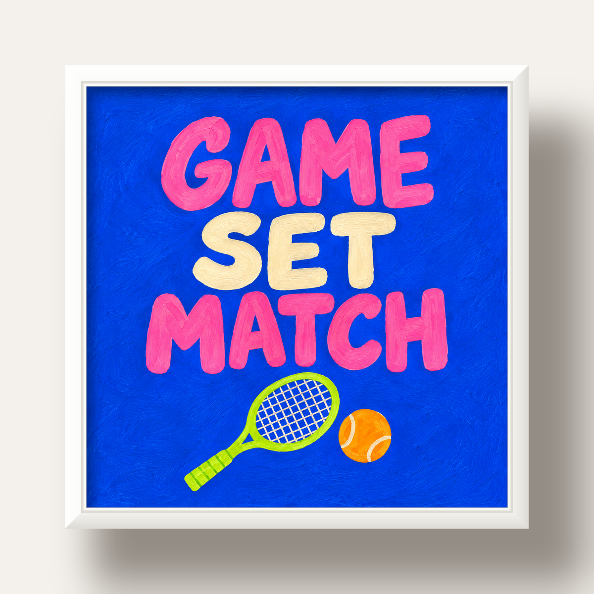 GAME SET MATCH Tipografi Tenis Temalı Canlı Poster — beyaz derin çerçeveli