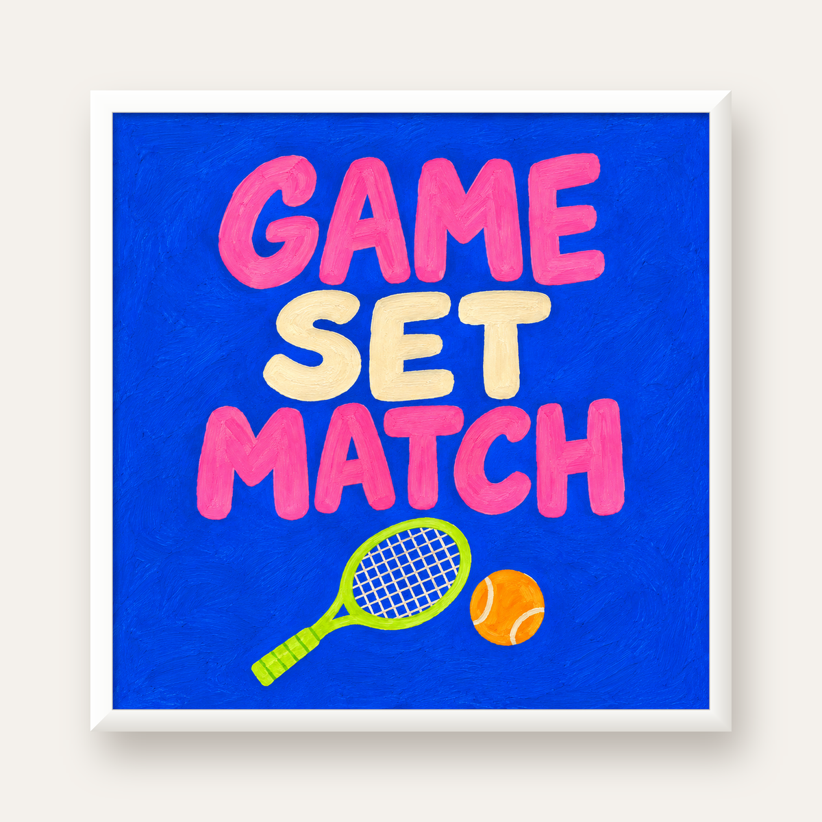 GAME SET MATCH Tipografi Tenis Temalı Canlı Poster — beyaz çerçeveli kare poster