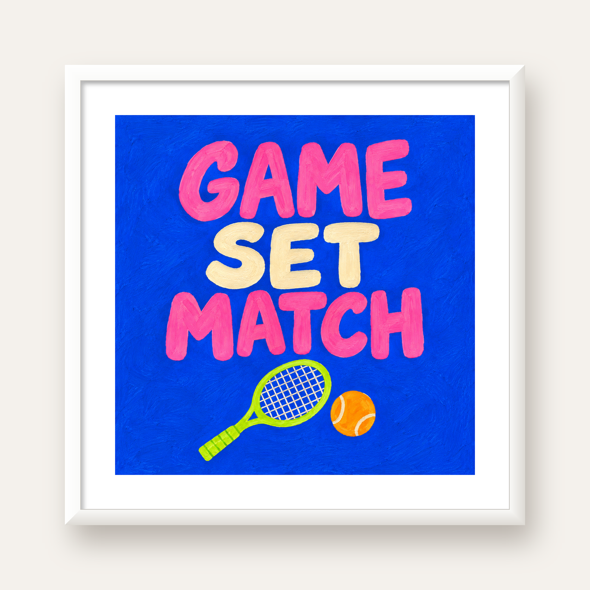 GAME SET MATCH Tipografi Tenis Temalı Canlı Poster — beyaz çerçeveli kare poster
