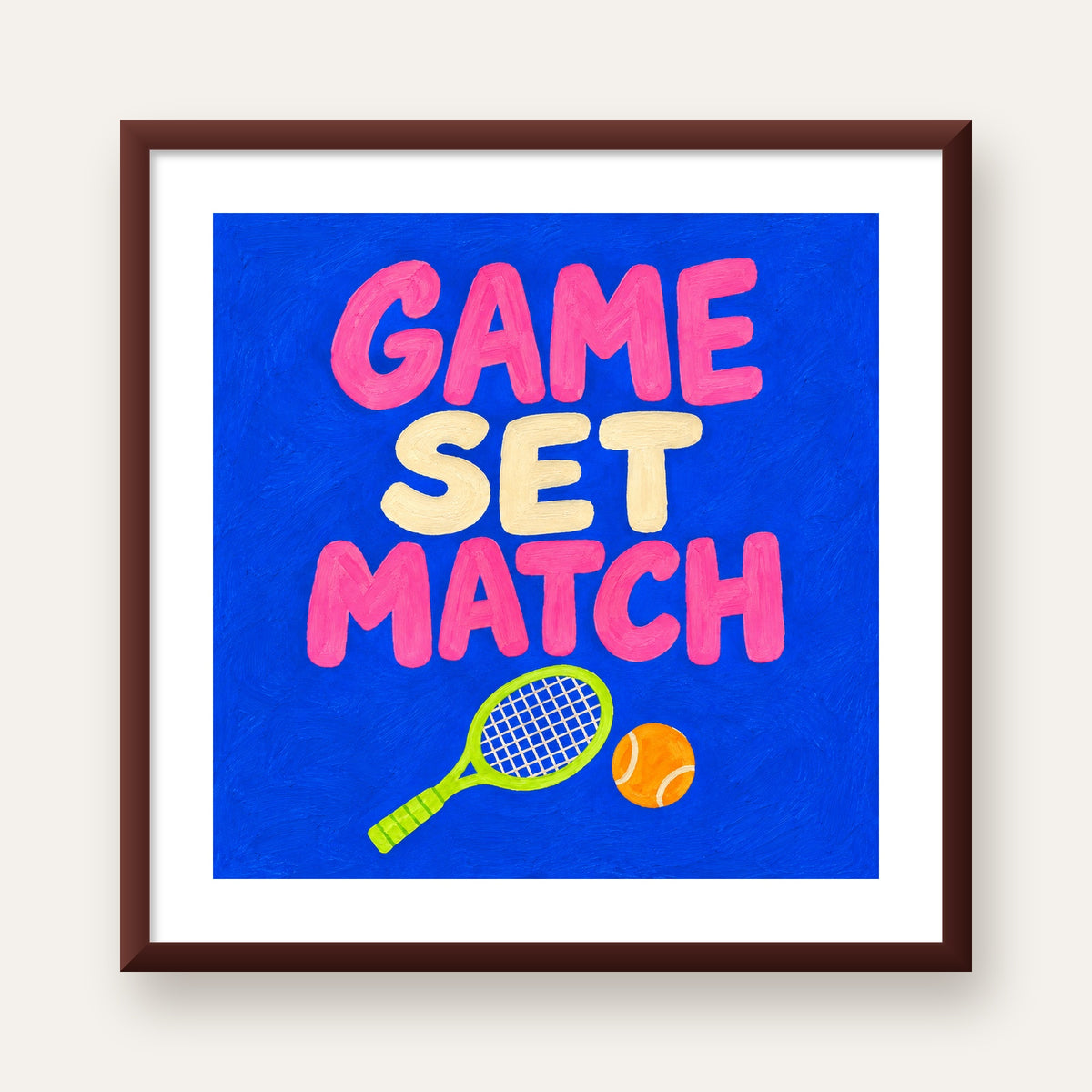 GAME SET MATCH Tipografi Tenis Temalı Canlı Poster — ceviz çerçeveli paspartulu