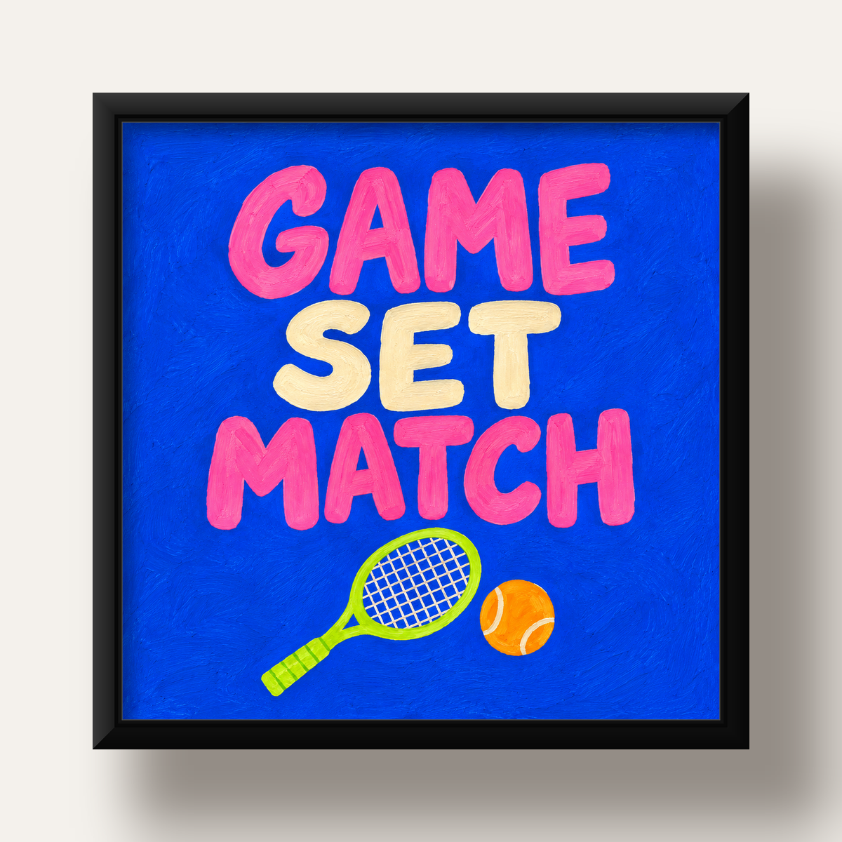 GAME SET MATCH Tipografi Tenis Temalı Canlı Poster — siyah derin çerçeveli