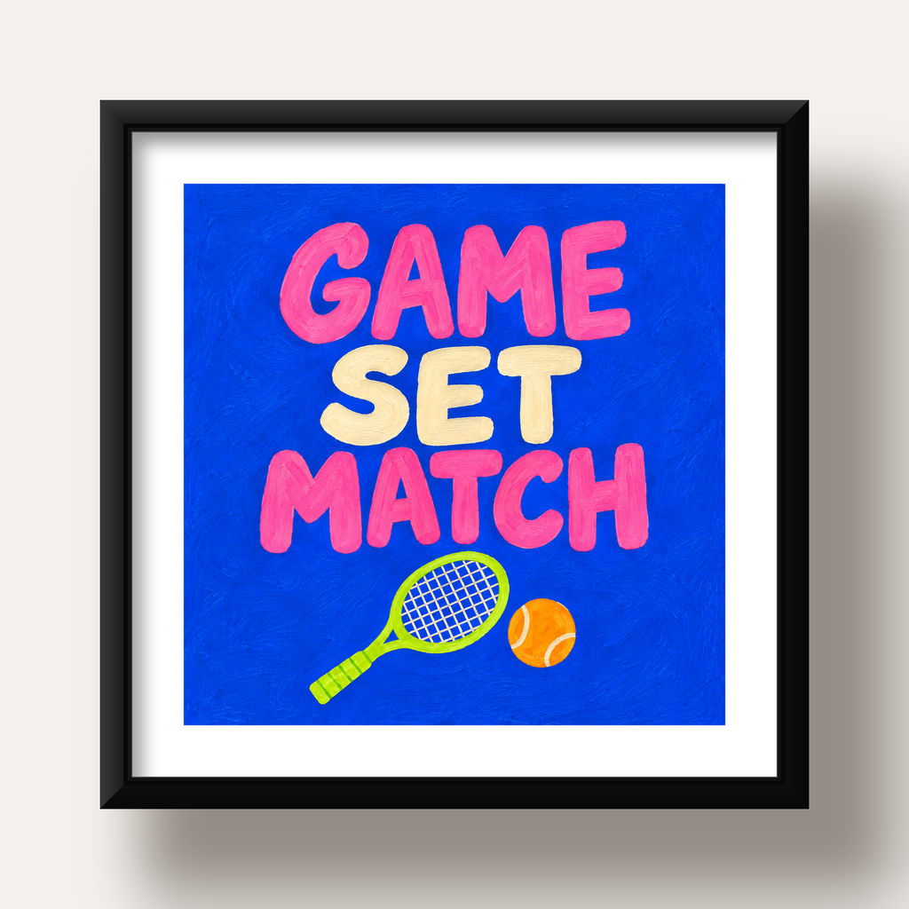 GAME SET MATCH Tipografi Tenis Temalı Canlı Poster — siyah derin çerçeveli paspartulu