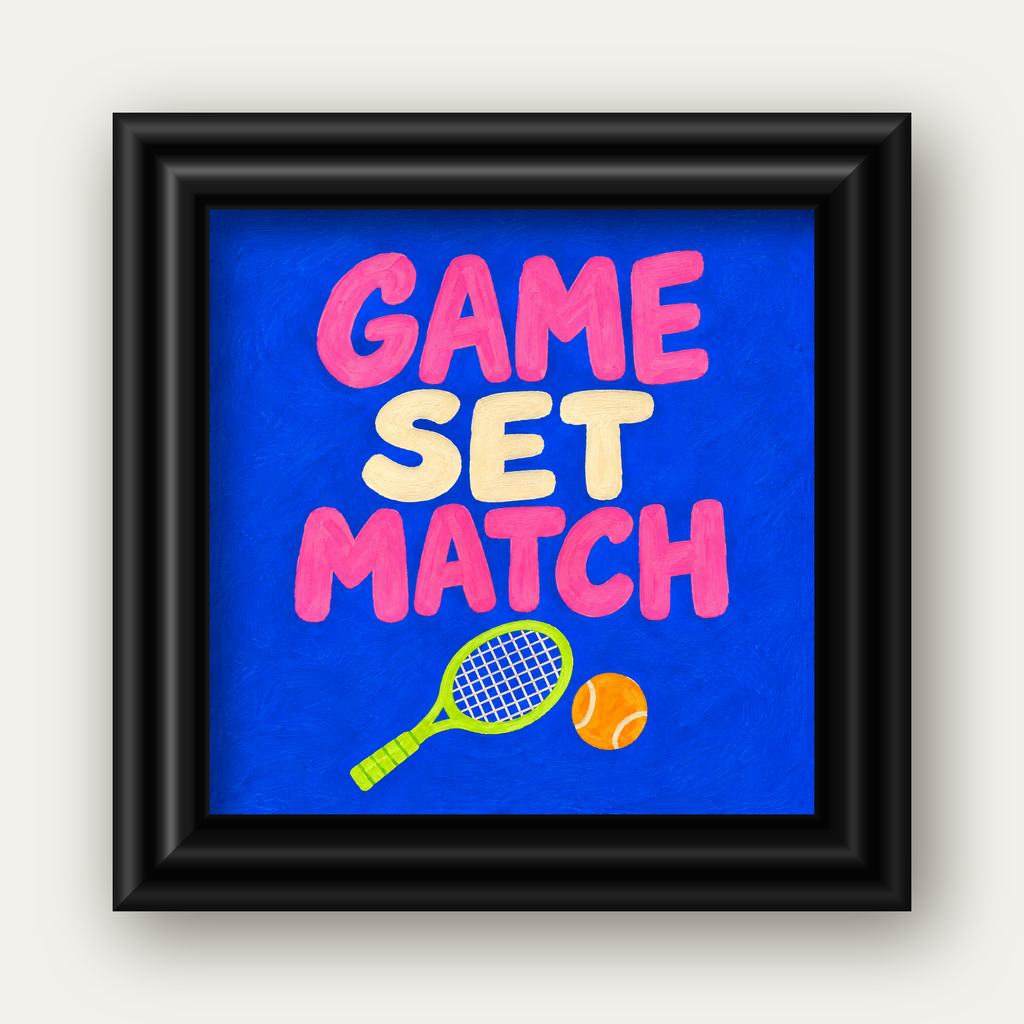 GAME SET MATCH Tipografi Tenis Temalı Canlı Poster — siyah galeri çerçeveli