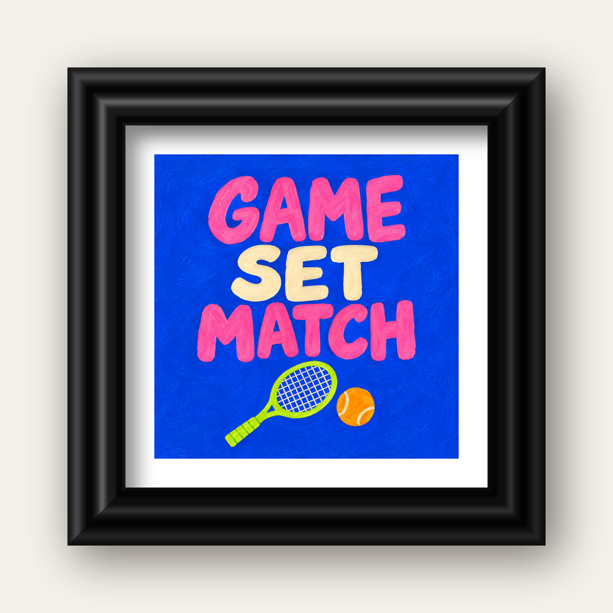GAME SET MATCH Tipografi Tenis Temalı Canlı Poster — siyah galeri çerçeveli paspartulu