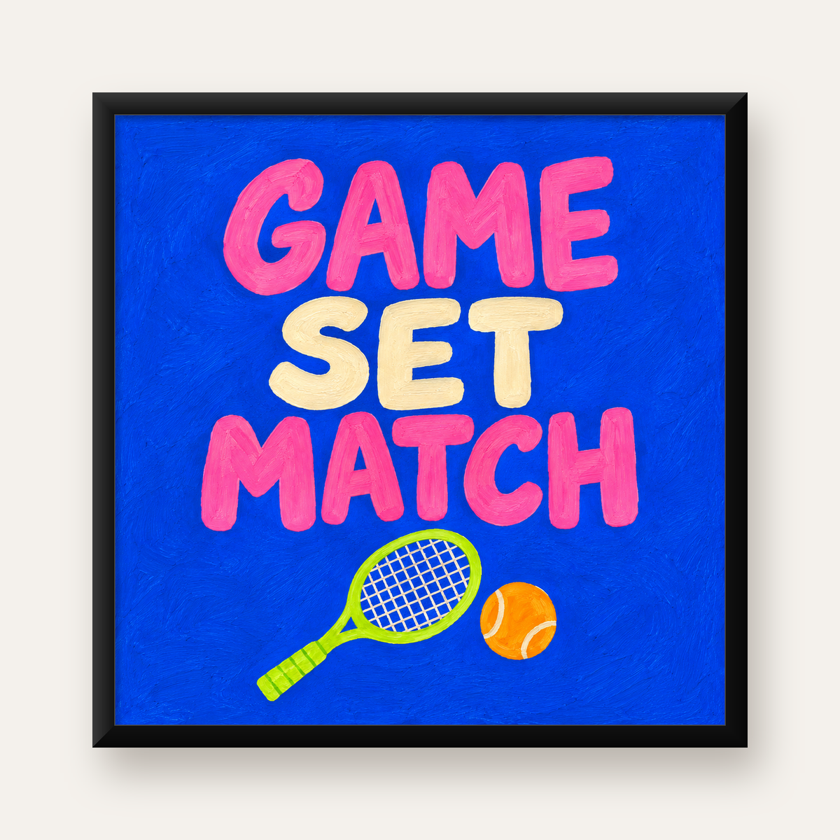 GAME SET MATCH Tipografi Tenis Temalı Canlı Poster — Kare baskı, düz siyah çerçeveli duvar posteri