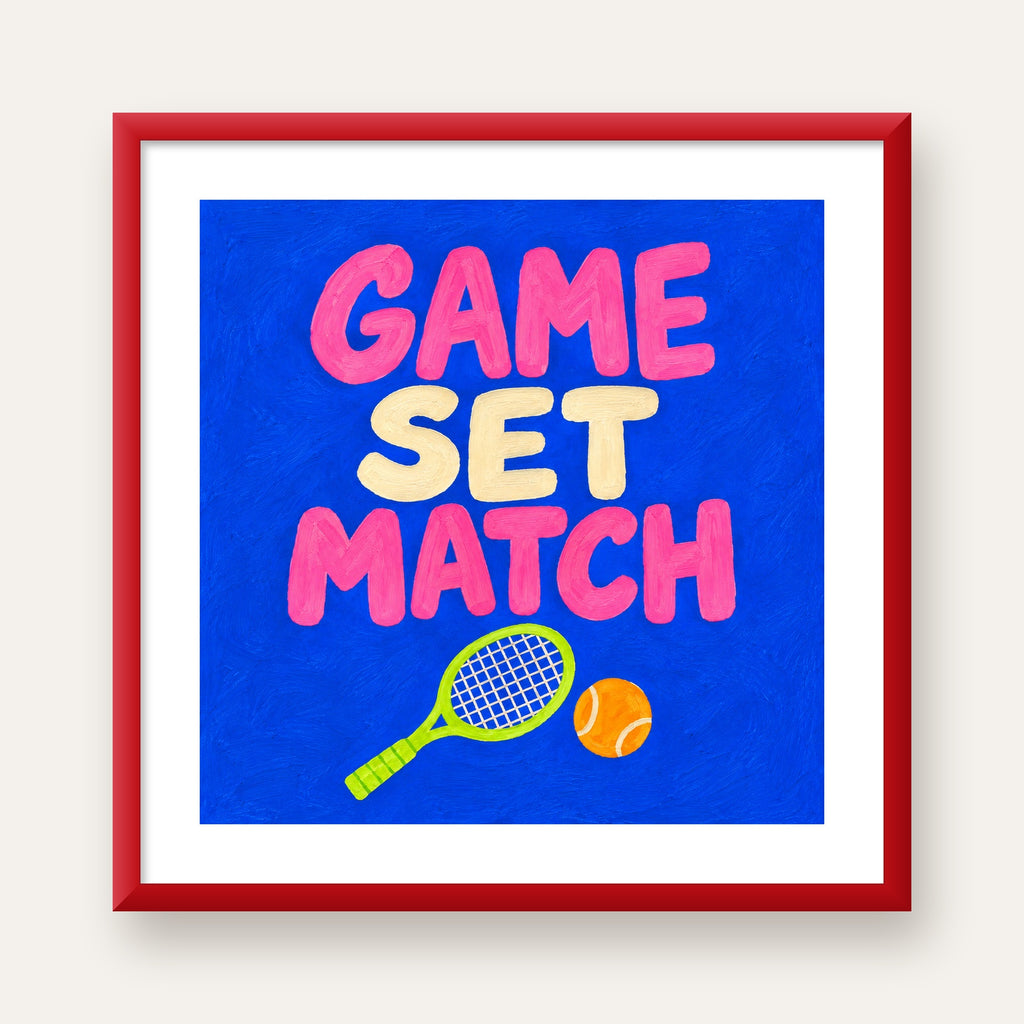 GAME SET MATCH Tipografi Tenis Temalı Canlı Poster — kırmızı çerçeveli paspartulu