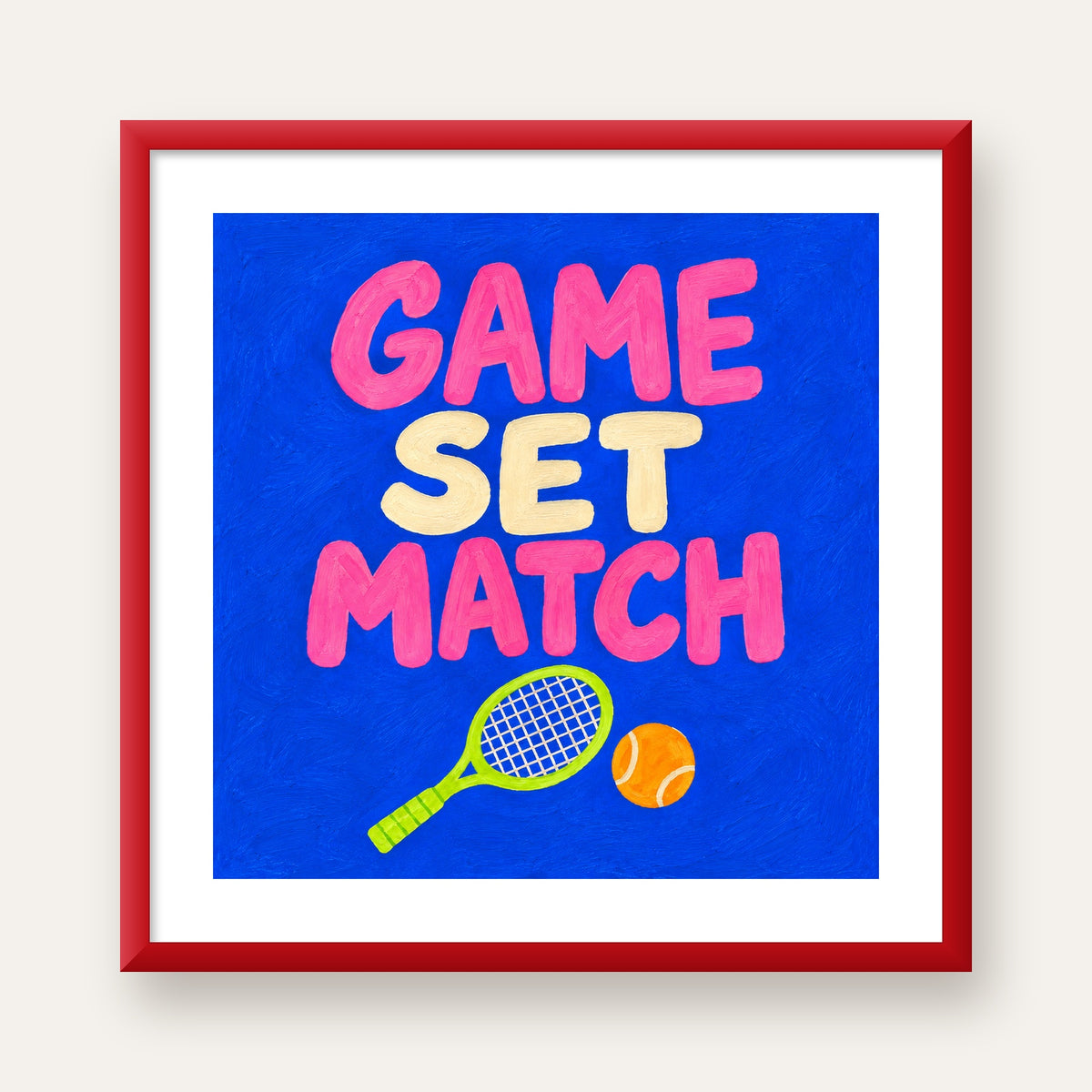 GAME SET MATCH Tipografi Tenis Temalı Canlı Poster — kırmızı çerçeveli paspartulu