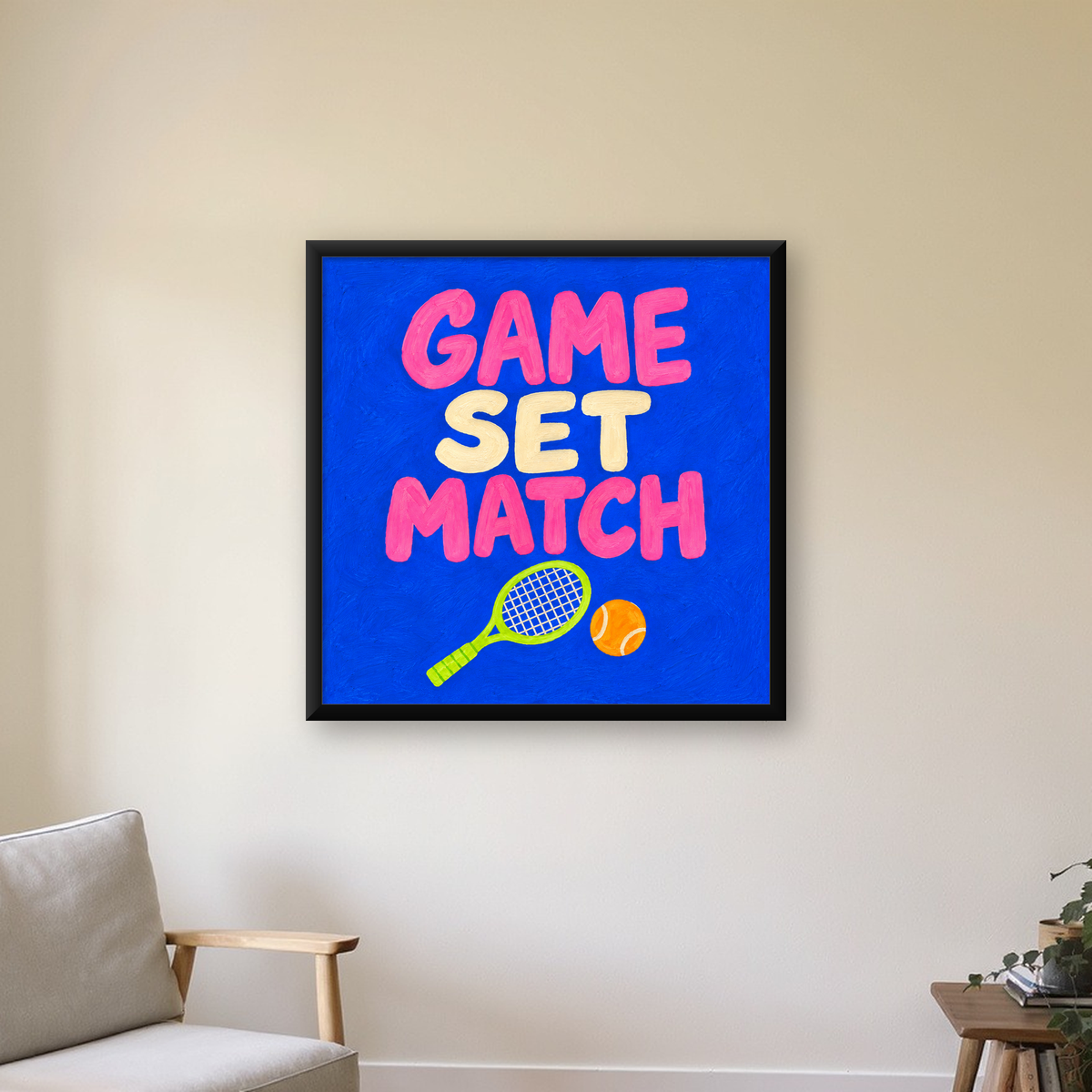 GAME SET MATCH Tipografi Tenis Temalı Canlı Poster — Kare baskı, çerçeveli hâliyle bir ev duvarında
