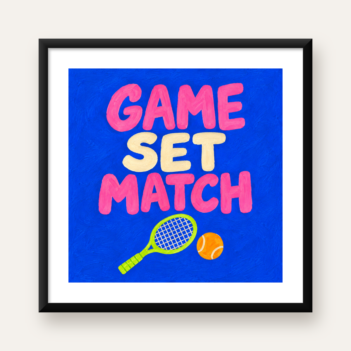 GAME SET MATCH Tipografi Tenis Temalı Canlı Poster — Kare baskı, beyaz paspartulu