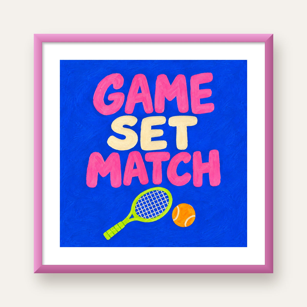 GAME SET MATCH Tipografi Tenis Temalı Canlı Poster — pembe çerçeveli paspartulu
