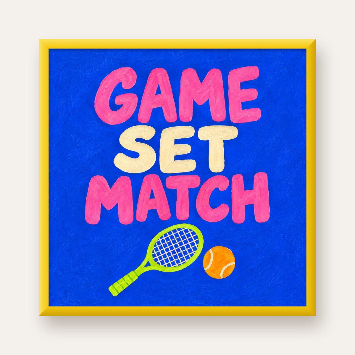 GAME SET MATCH Tipografi Tenis Temalı Canlı Poster — sarı çerçeveli