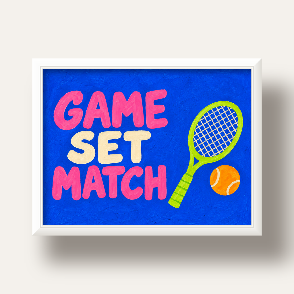 GAME SET MATCH Tipografi Tenis Temalı Canlı Poster — beyaz derin çerçeveli