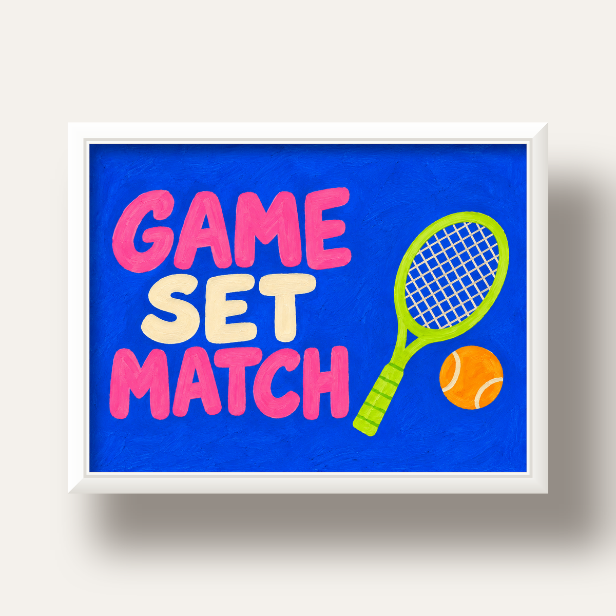 GAME SET MATCH Tipografi Tenis Temalı Canlı Poster — beyaz derin çerçeveli