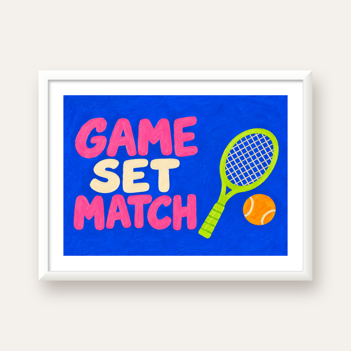 GAME SET MATCH Tipografi Tenis Temalı Canlı Poster — beyaz çerçeveli yatay poster