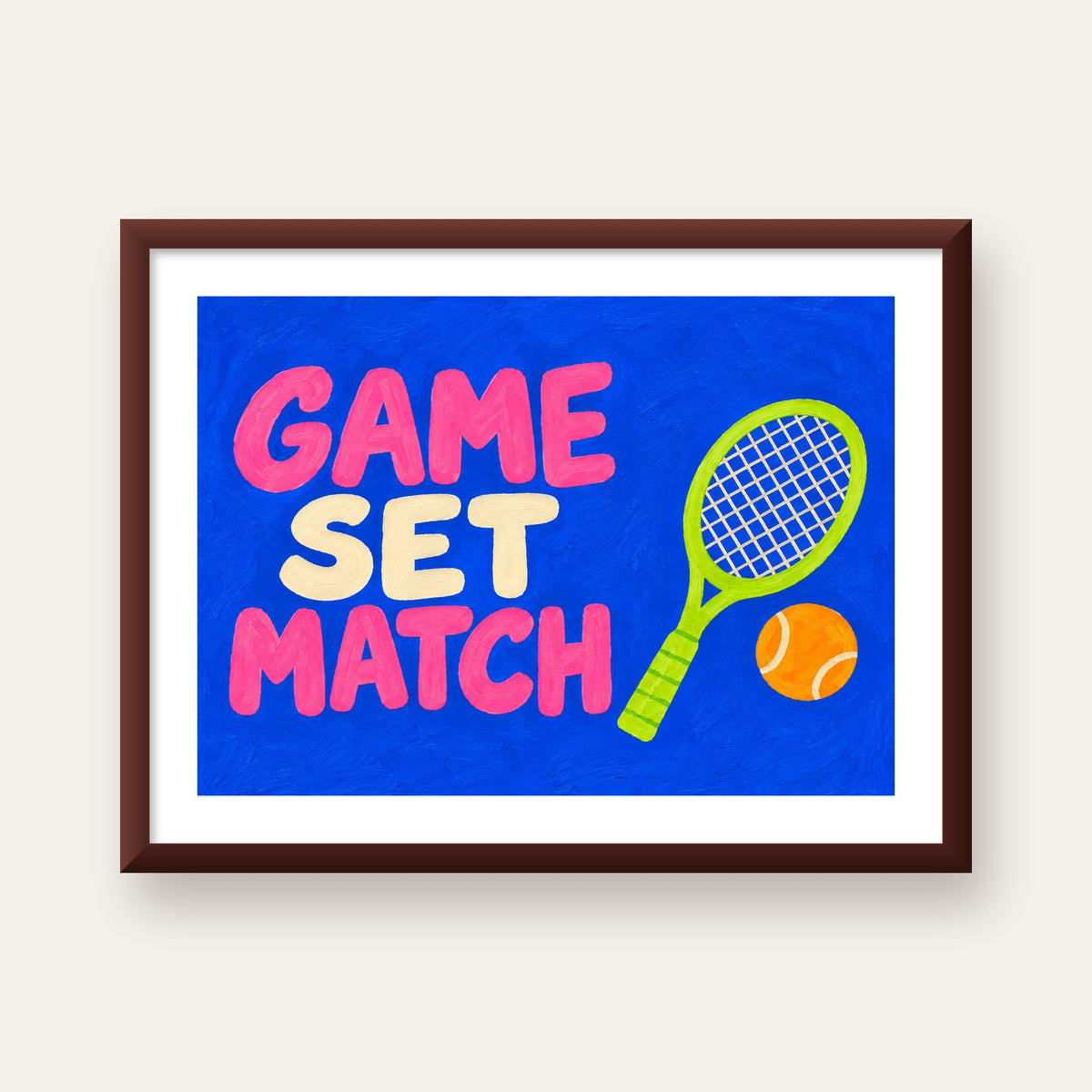 GAME SET MATCH Tipografi Tenis Temalı Canlı Poster — ceviz çerçeveli paspartulu