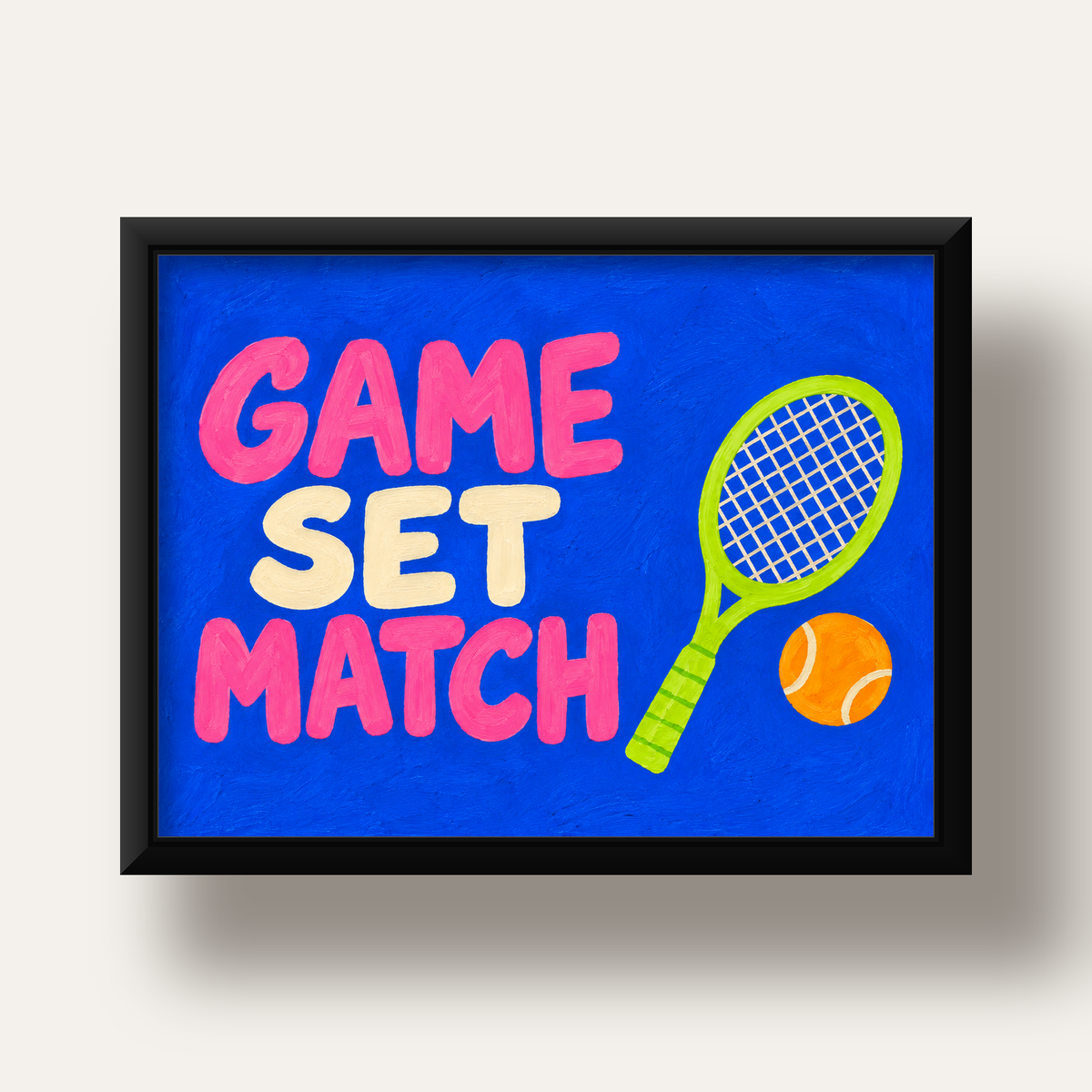 GAME SET MATCH Tipografi Tenis Temalı Canlı Poster — siyah derin çerçeveli